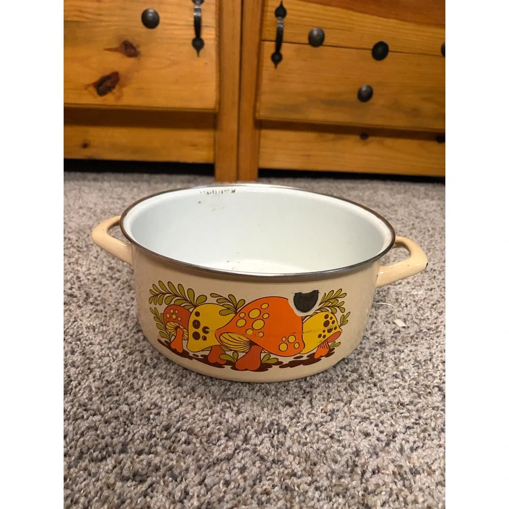 Vintage 70s Enamelware Merry Mushroom Pot Retro